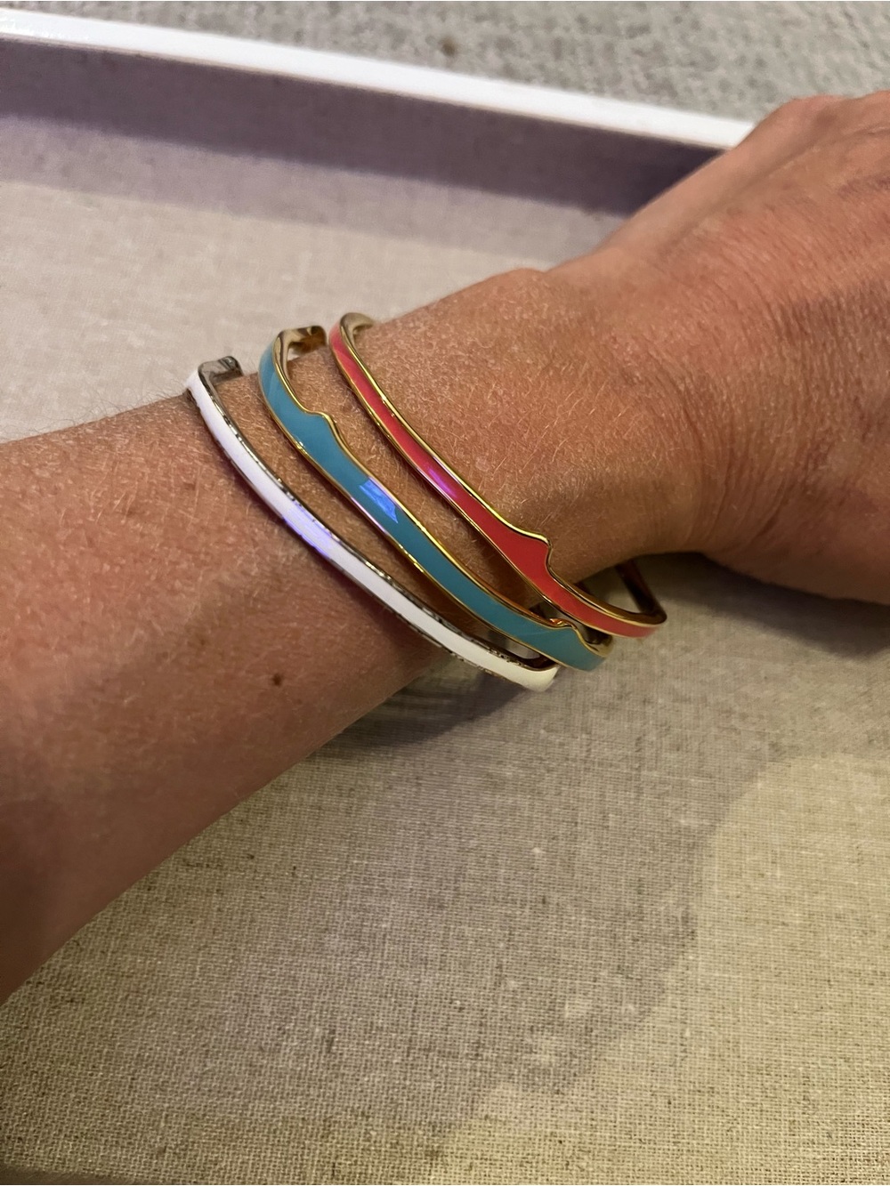Stella & Dot White, Turquoise & Coral Enamel Bangle Trio - Complete Set
